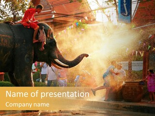 A Man And A Child Riding On The Back Of An Elephant PowerPoint Template