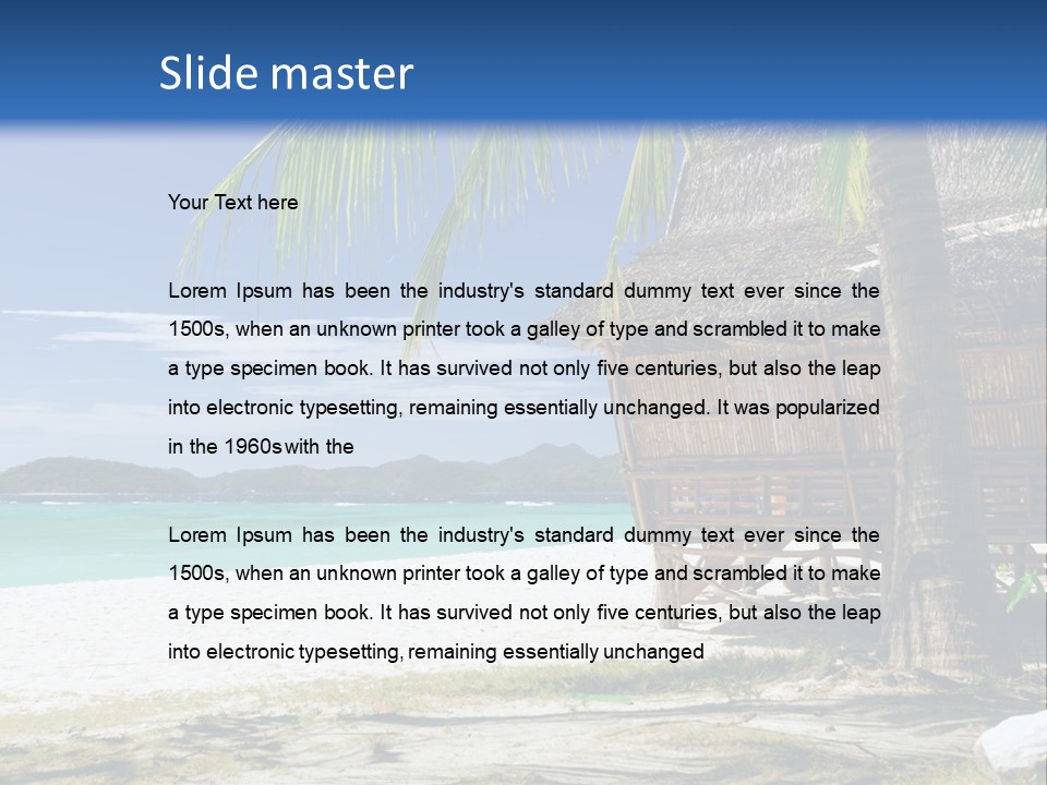 A Beach With A Hut And Palm Trees PowerPoint Template