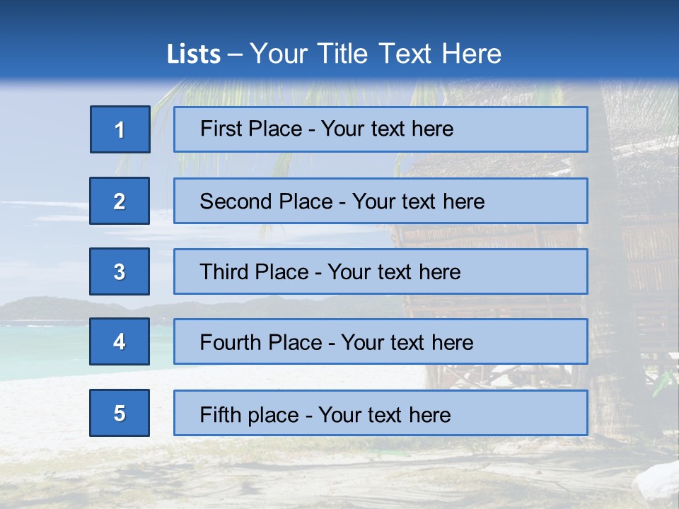 A Beach With A Hut And Palm Trees PowerPoint Template