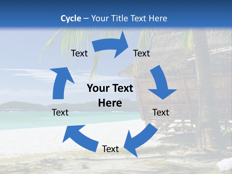 A Beach With A Hut And Palm Trees PowerPoint Template