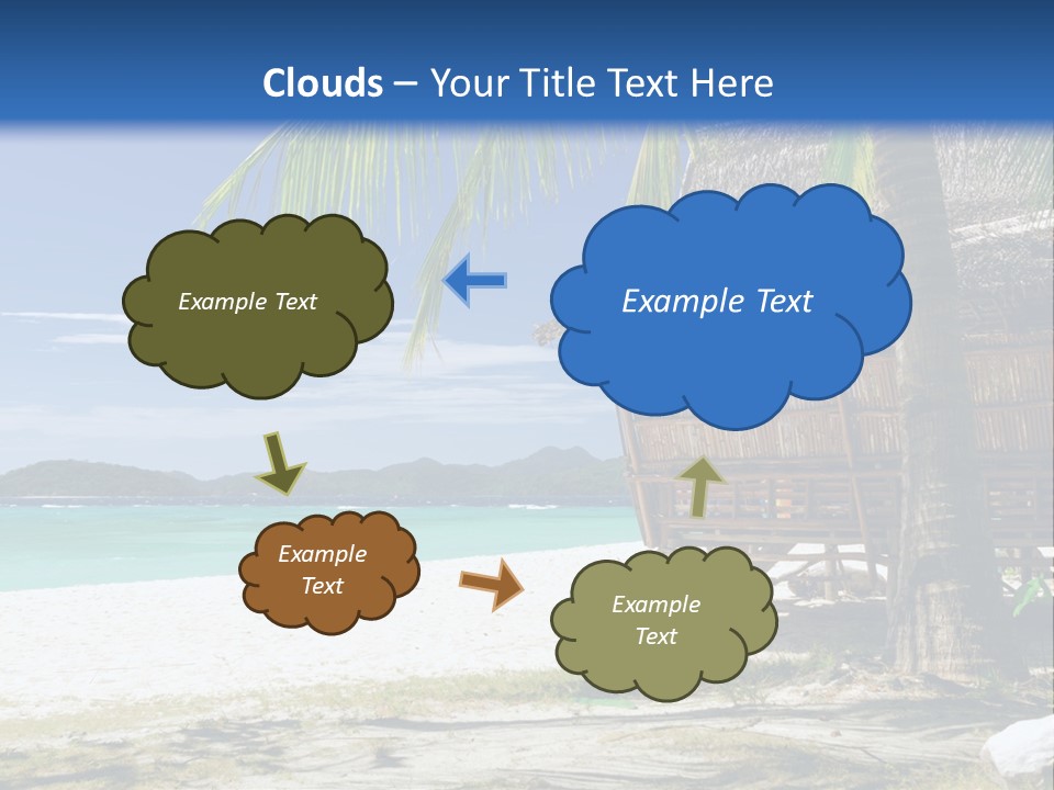 A Beach With A Hut And Palm Trees PowerPoint Template