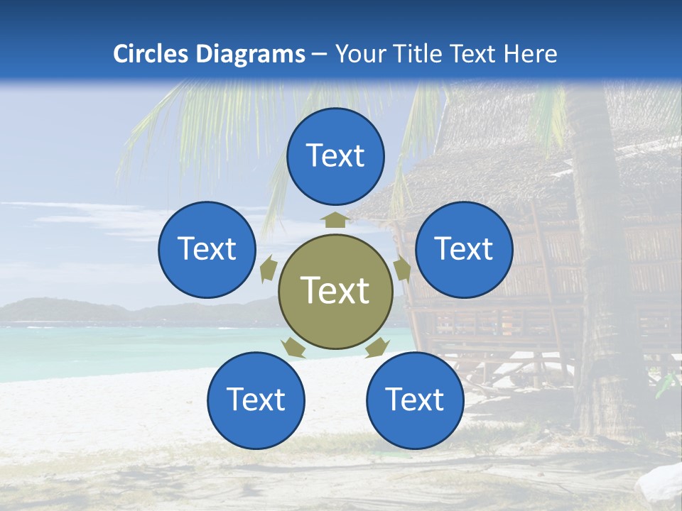 A Beach With A Hut And Palm Trees PowerPoint Template