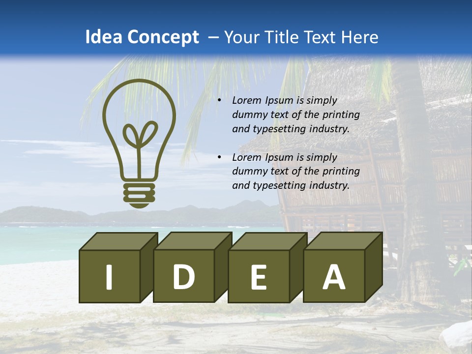 A Beach With A Hut And Palm Trees PowerPoint Template