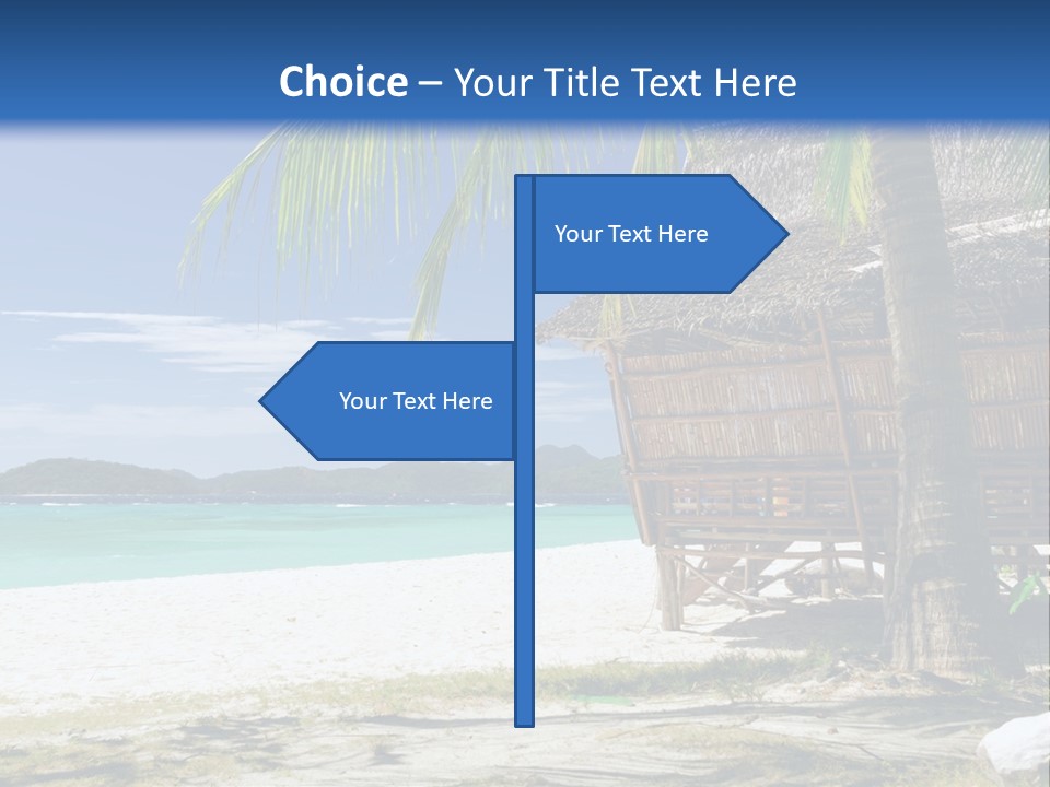 A Beach With A Hut And Palm Trees PowerPoint Template