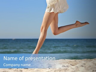 A Woman Running On The Beach With Her Feet In The Sand PowerPoint Template