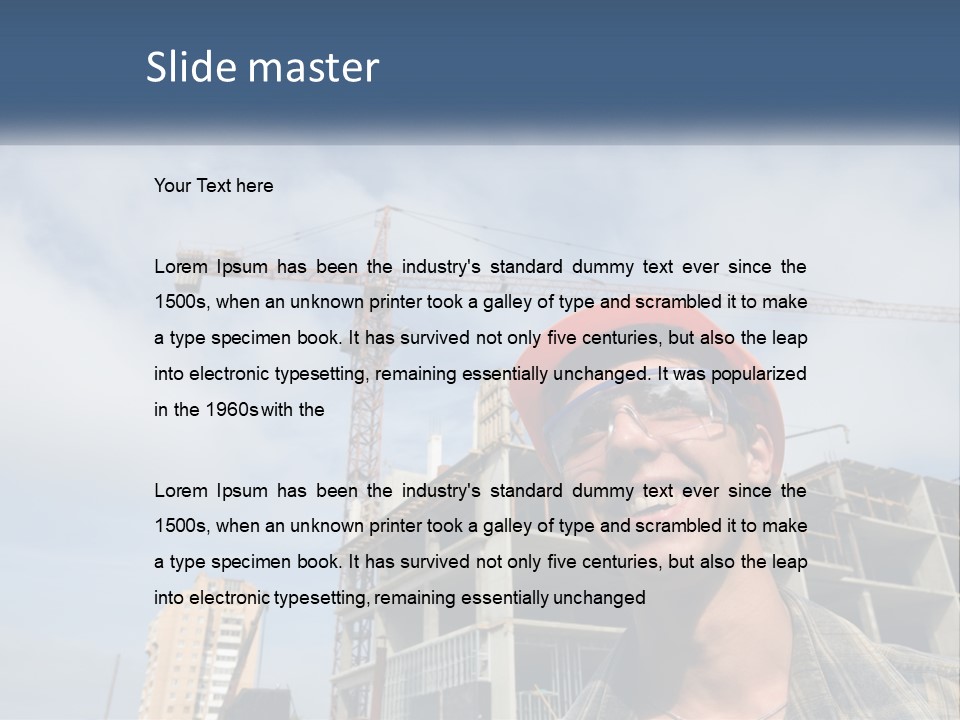 A Man Wearing A Hard Hat And Goggles In Front Of A Construction Site PowerPoint Template