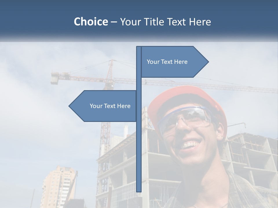A Man Wearing A Hard Hat And Goggles In Front Of A Construction Site PowerPoint Template