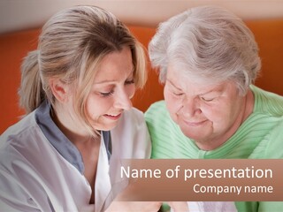 A Woman And An Older Woman Looking At A Cell Phone PowerPoint Template