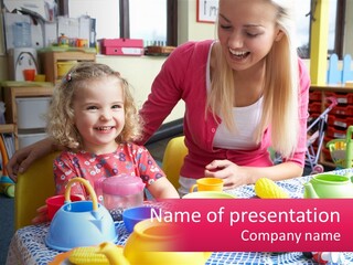 A Woman And A Little Girl Sitting At A Table PowerPoint Template