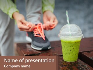 A Person Tying A Shoelace To A Green Drink PowerPoint Template
