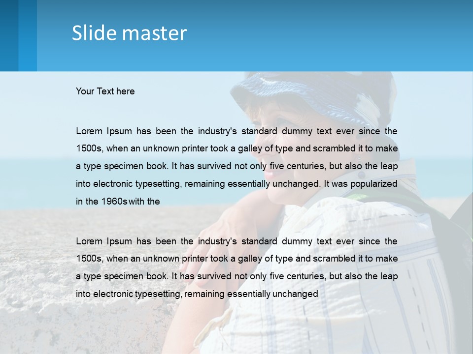 A Woman Sitting On The Beach Wearing A Blue Hat PowerPoint Template