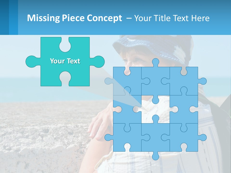 A Woman Sitting On The Beach Wearing A Blue Hat PowerPoint Template