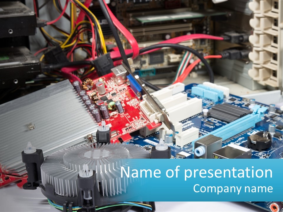 A Computer Motherboard With Wires And Other Electronic Components PowerPoint Template
