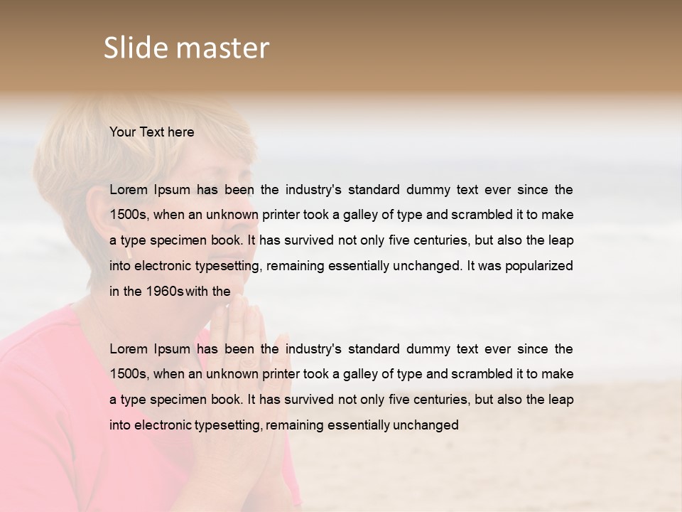 A Woman In A Pink Shirt Is Praying On The Beach PowerPoint Template