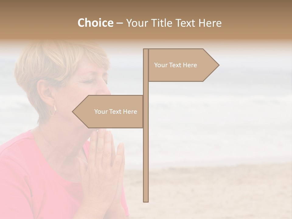 A Woman In A Pink Shirt Is Praying On The Beach PowerPoint Template