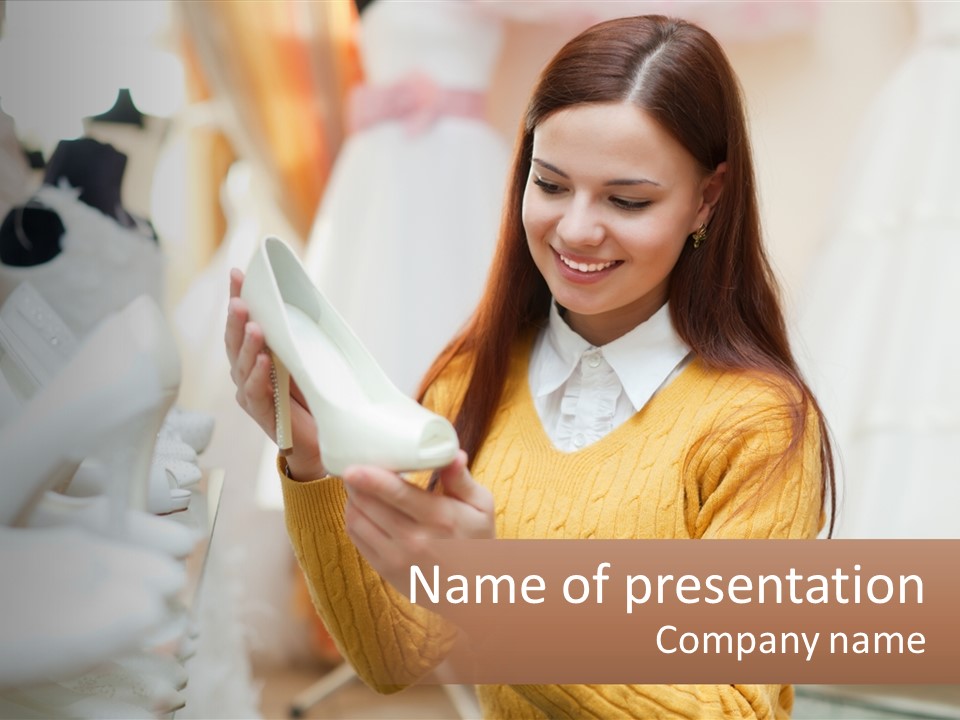 A Woman In A Yellow Sweater Is Holding A White Shoe PowerPoint Template