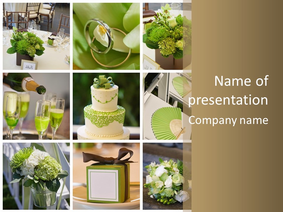 A Collage Of Green And White Wedding Decorations PowerPoint Template