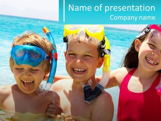 Three Children In The Water With Snorkels On Their Heads PowerPoint Template