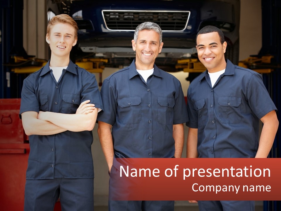 Three Mechanics Standing In Front Of A Truck PowerPoint Template