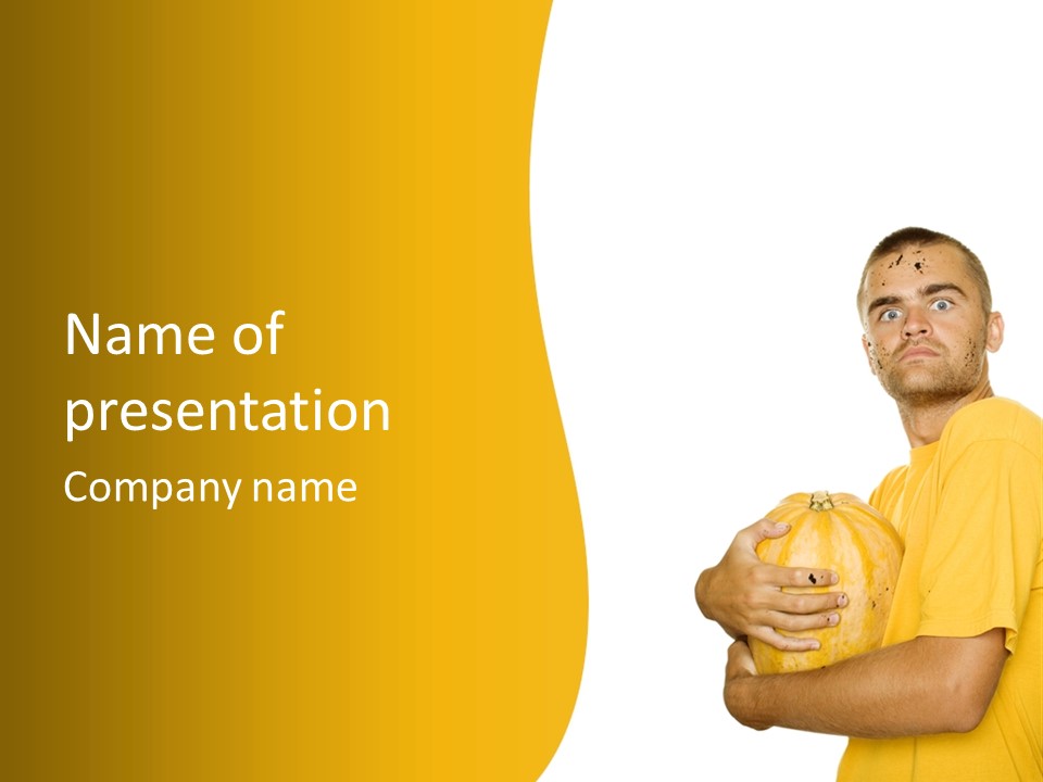 A Man In A Yellow Shirt Holding A Pumpkin PowerPoint Template