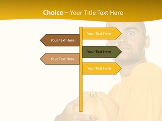 A Man In A Yellow Shirt Holding A Pumpkin PowerPoint Template