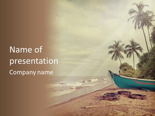 A Boat On The Beach With Palm Trees In The Background PowerPoint Template