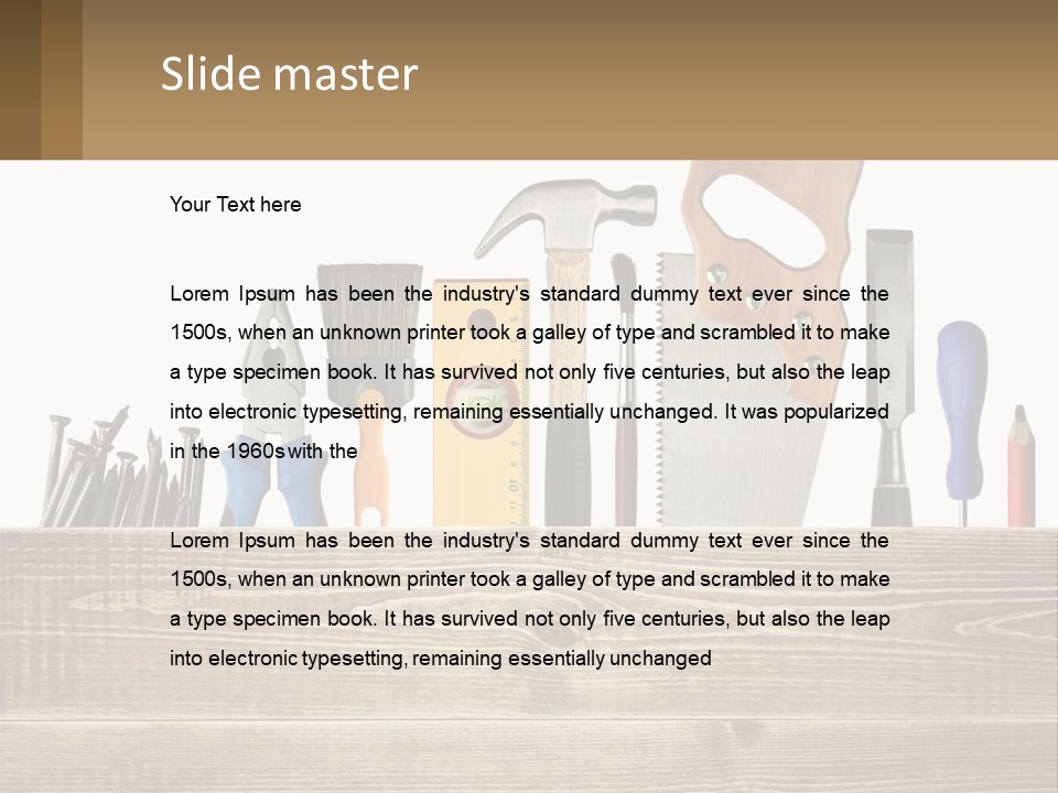 A Bunch Of Tools On A Wooden Table PowerPoint Template