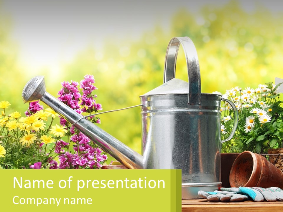 A Watering Can Sitting On A Table Next To Flowers PowerPoint Template