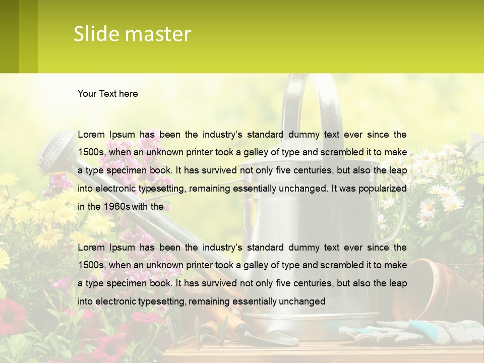 A Watering Can Sitting On A Table Next To Flowers PowerPoint Template