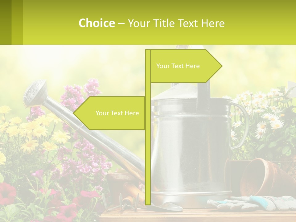 A Watering Can Sitting On A Table Next To Flowers PowerPoint Template