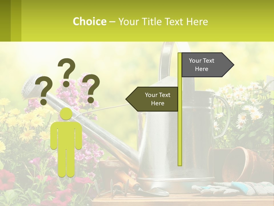 A Watering Can Sitting On A Table Next To Flowers PowerPoint Template