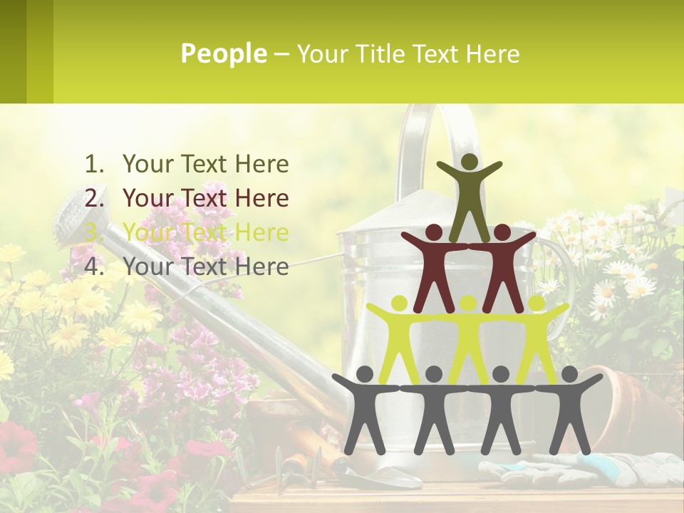 A Watering Can Sitting On A Table Next To Flowers PowerPoint Template