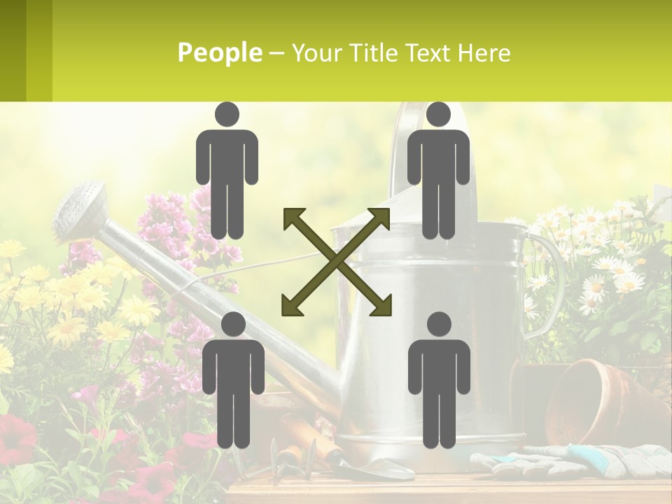 A Watering Can Sitting On A Table Next To Flowers PowerPoint Template