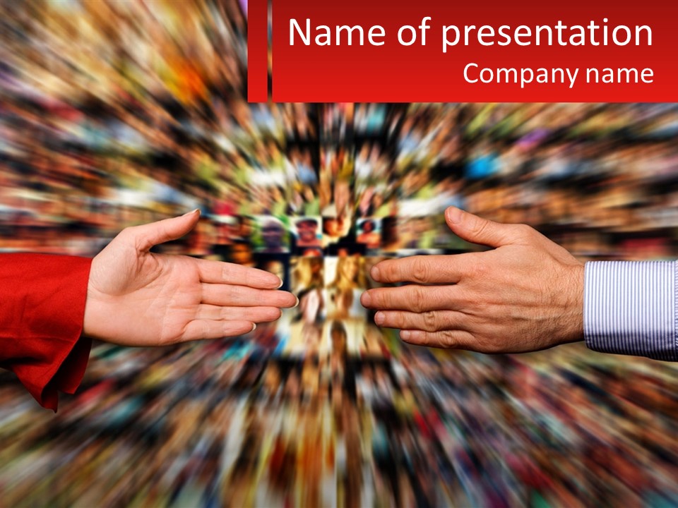 Two Hands Reaching Out Towards Each Other In Front Of A Colorful Background PowerPoint Template