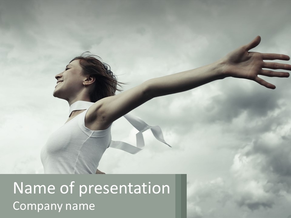 A Woman Reaching Up Into The Sky With Her Arms Outstretched PowerPoint Template