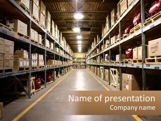 A Large Warehouse Filled With Lots Of Shelves PowerPoint Template