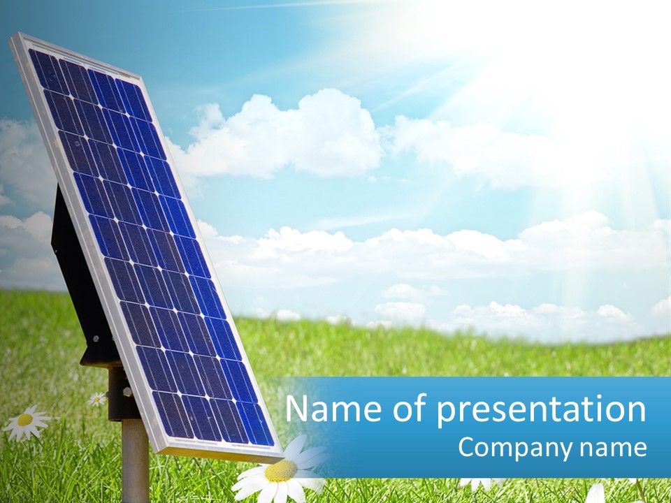 A Solar Panel In The Grass With Daisies In The Foreground PowerPoint Template