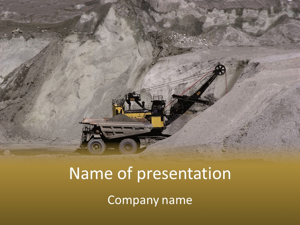 A Dump Truck In Front Of A Large Pile Of Rocks PowerPoint Template