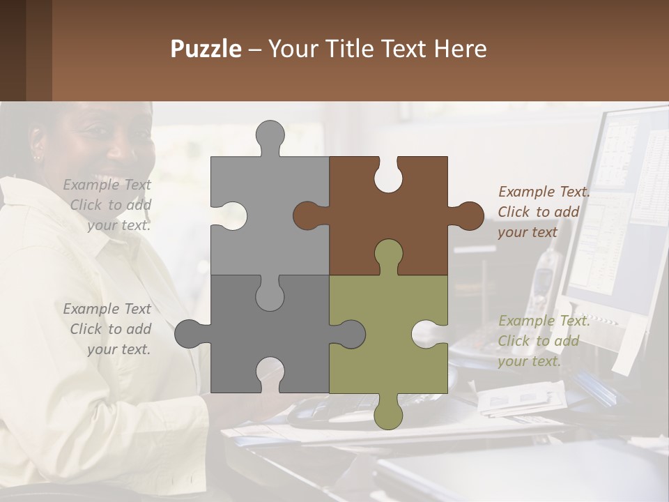 A Woman Sitting At A Desk With A Computer PowerPoint Template