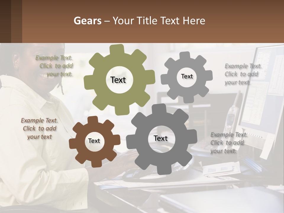 A Woman Sitting At A Desk With A Computer PowerPoint Template