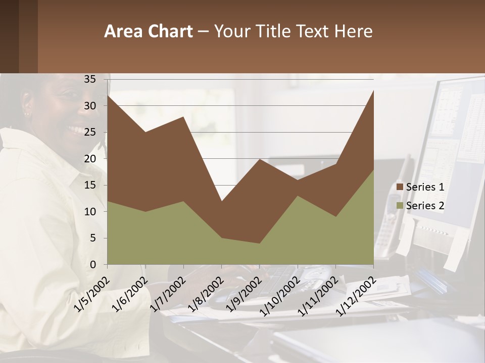 A Woman Sitting At A Desk With A Computer PowerPoint Template