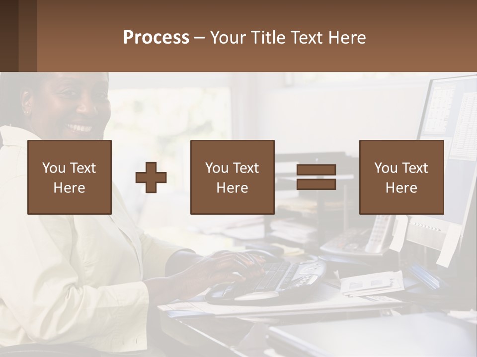 A Woman Sitting At A Desk With A Computer PowerPoint Template