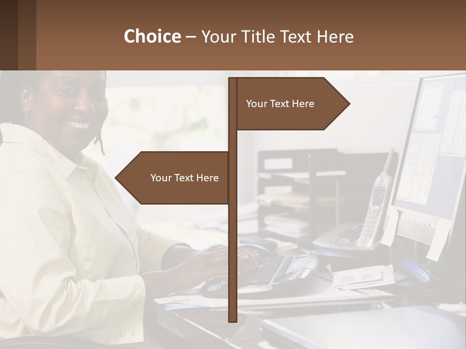 A Woman Sitting At A Desk With A Computer PowerPoint Template