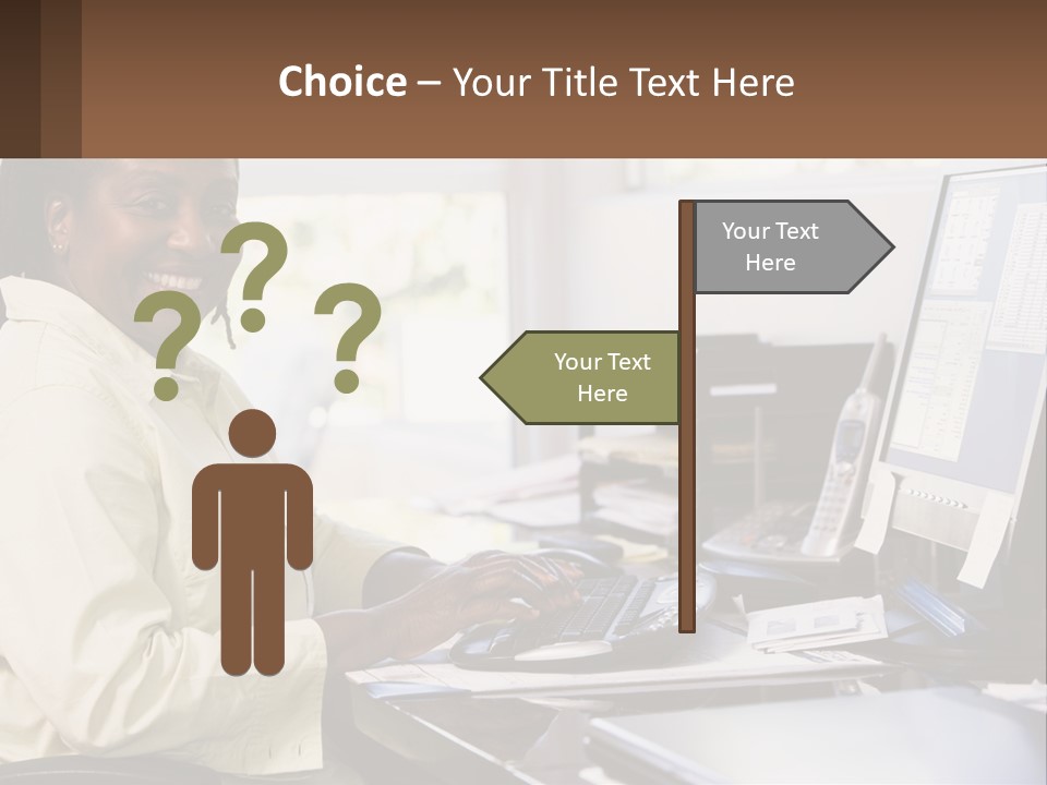 A Woman Sitting At A Desk With A Computer PowerPoint Template