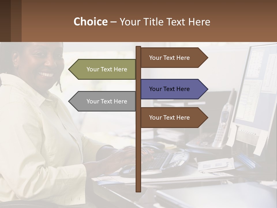 A Woman Sitting At A Desk With A Computer PowerPoint Template