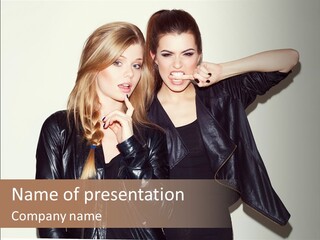 Two Beautiful Young Women Standing Next To Each Other PowerPoint Template