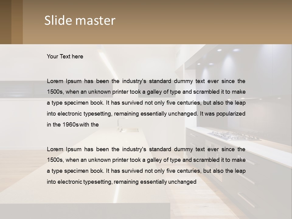 A Kitchen With A Counter Top And A Stove Top Oven PowerPoint Template