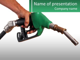 A Person Holding A Gas Pump With A Green Sign In The Background PowerPoint Template