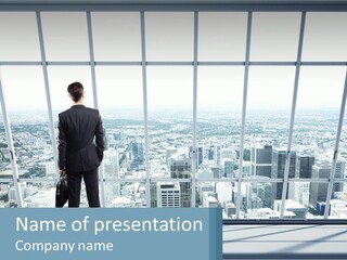 A Man In A Suit Looking Out Of A Window PowerPoint Template