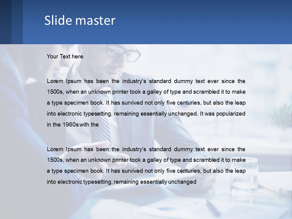 Two Men In Business Suits Sitting At A Table Looking At A Cell Phone PowerPoint Template